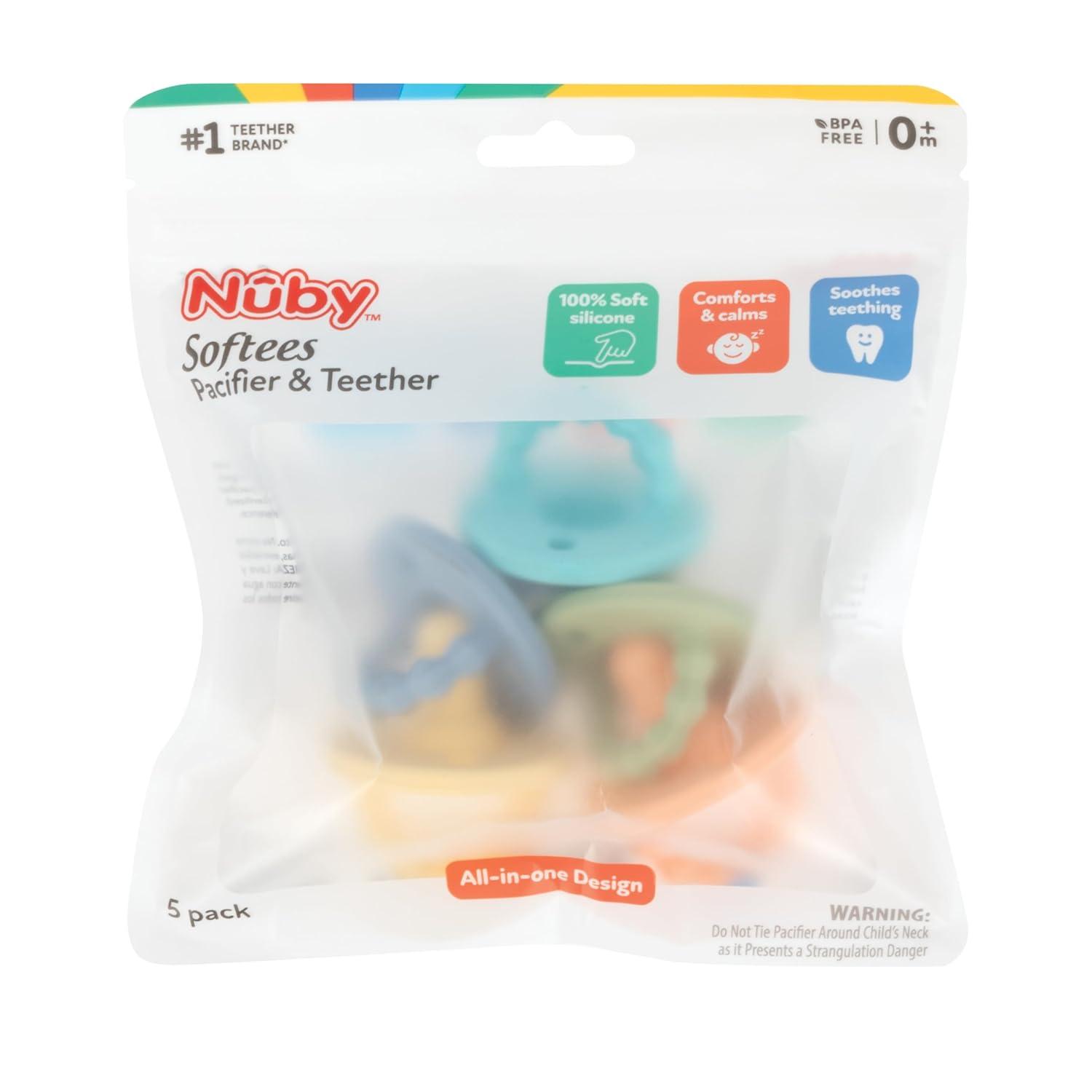imageNuby Silicone Softees Pacifier and Teethers  5Pack Silicone Baby Pacifiers and Teethers  0 Months  Assorted ColorsMultiColor Pack of 5