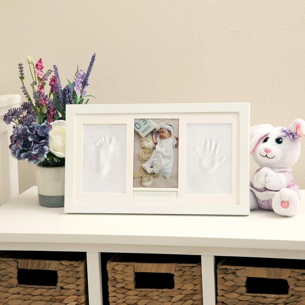 imageNuby Baby Hand ampamp Footprint Kit with Classic White Wooden Frame That Holds Two 3 x 3quot Photos Plus 1 Clay Print Kit for Newborn Girls ampamp BoysWall Dcor Frame