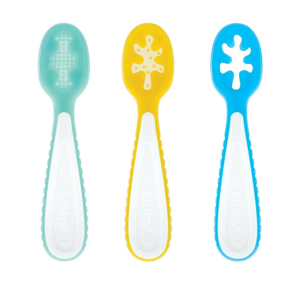 imageNuby Babys First Spoons Set  3Pack Feeding Utensils for Babies  6 MonthsAqua  Yellow  Blue