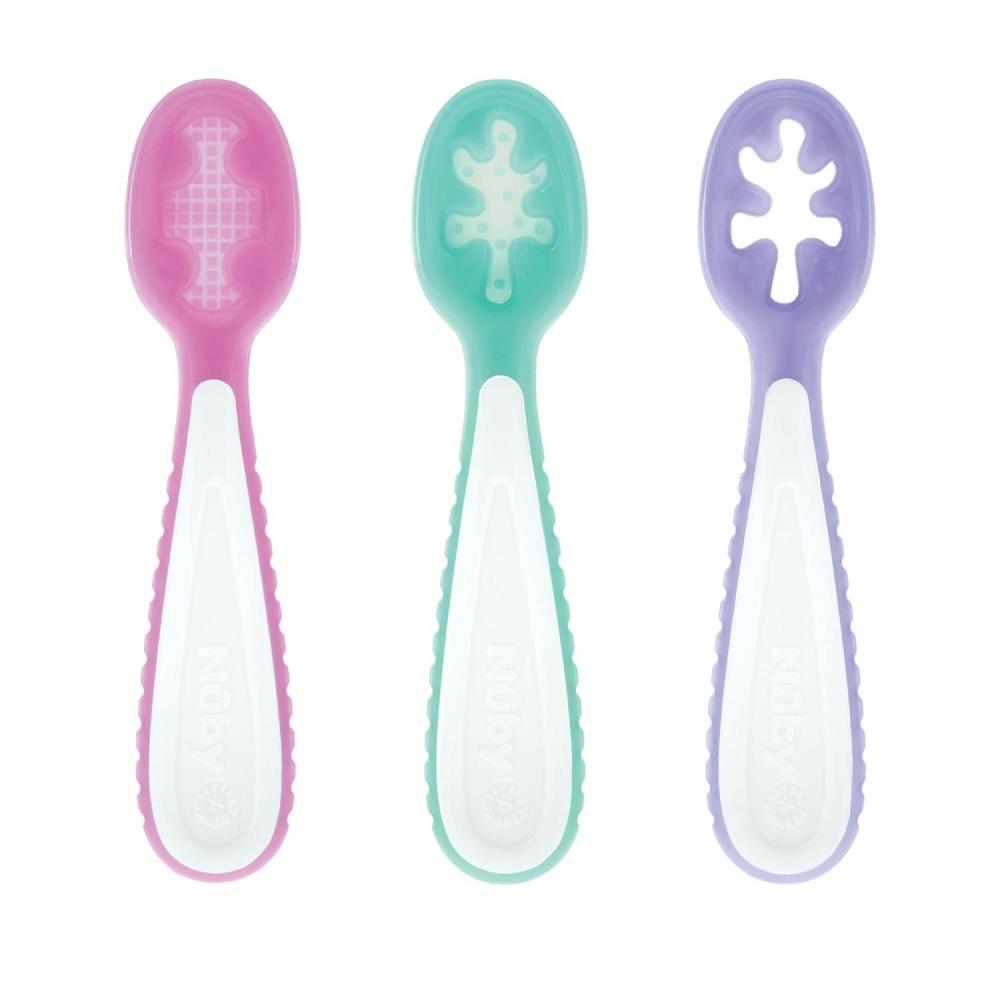 imageNuby Babys First Spoons Set  3Pack Feeding Utensils for Babies  6 MonthsPink  Aqua  Purple