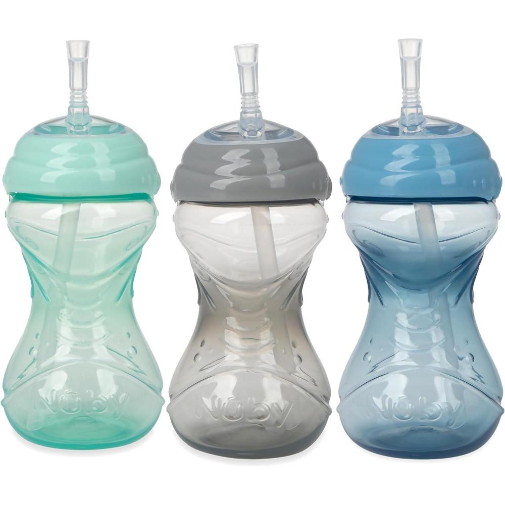 imageNuby NoSpill Sippy Cup with Flex Straw  3Pack 10Ounce Bottles  Sippy Cups for Toddlers 12 Months  Neutral Color Training Cups for ToddlersBlue  Gray  Aqua