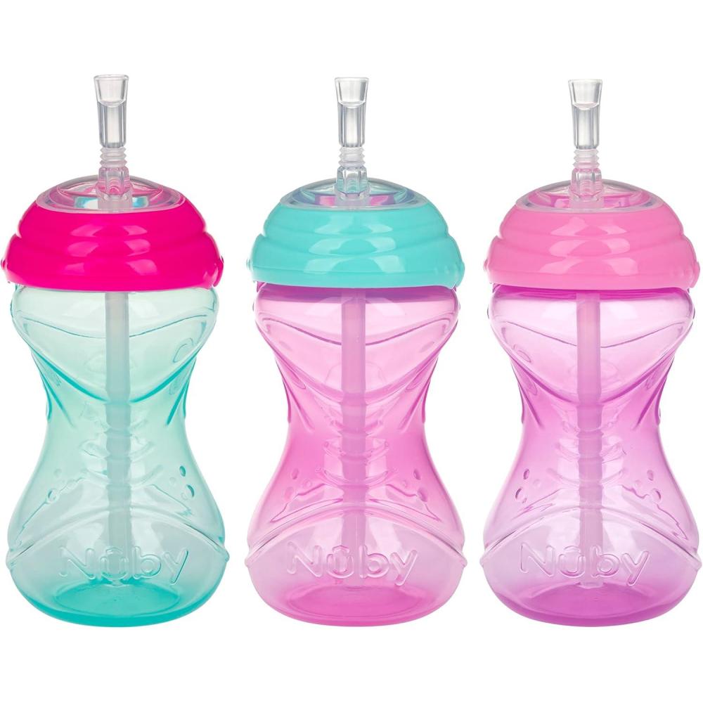 imageNuby NoSpill Sippy Cup with Flex Straw  3Pack 10Ounce Bottles  Sippy Cups for Toddlers 12 Months  Neutral Color Training Cups for ToddlersPink  Magenta  Aqua