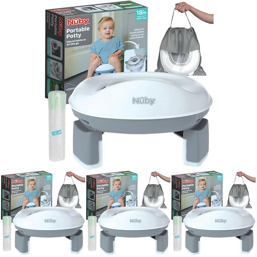 imageNuby OnTheGo Portable Potty Seat  Travel Toilet Seat for Boys and Girls 18 Months  Includes Storage Bag and Disposable Potty Liners  Toddler Travel Essentials  Toddler Potty Training ToiletToddler Pack of 4