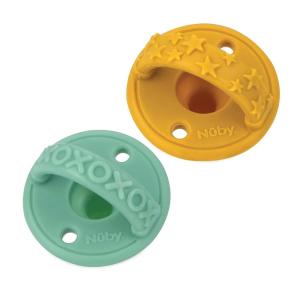 Nuby 3-D Sili Soother Pacifiers with Soft Handle and Two Safety Air Holes, 2 Pack, 0+ Months, Purple Bow and Pink Flowers(Yellow Stars and Aqua XOXO)