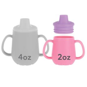 Nuby First Training Cup – Silicone Cup with Free-Flow Spout and Easy-Grip Design – 2 oz – 6+ Months – Coral and Sprinkles(Purple & Pink)