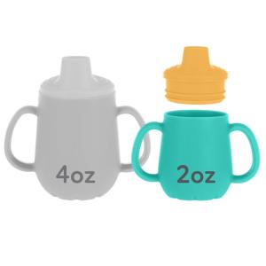 Nuby First Training Cup – Silicone Cup with Free-Flow Spout and Easy-Grip Design – 2 oz – 6+ Months – Coral and Sprinkles(Yellow & Aqua)