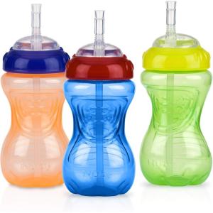 Nuby No-Spill Sippy Cup with Flex Straw – (3-Pack) 10-Ounce Bottles – Sippy Cups for Toddlers 12+ Months – Neutral Color Training Cups for Toddlers(Blue  Green & Yellow)