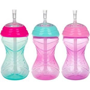 Nuby No-Spill Sippy Cup with Flex Straw – (3-Pack) 10-Ounce Bottles – Sippy Cups for Toddlers 12+ Months – Neutral Color Training Cups for Toddlers(Pink  Magenta & Aqua)