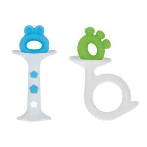 Nuby Silicone Fun Teethers – (2-Pack) Baby Teething Toy – Chick and Tuba Shapes – 3+ Months – Orange and Teal(Blue & Green)