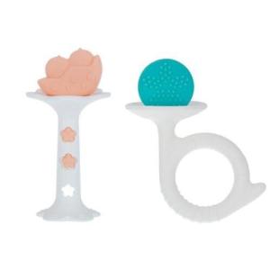 Nuby Silicone Fun Teethers – (2-Pack) Baby Teething Toy – Chick and Tuba Shapes – 3+ Months – Orange and Teal(Orange & Teal)