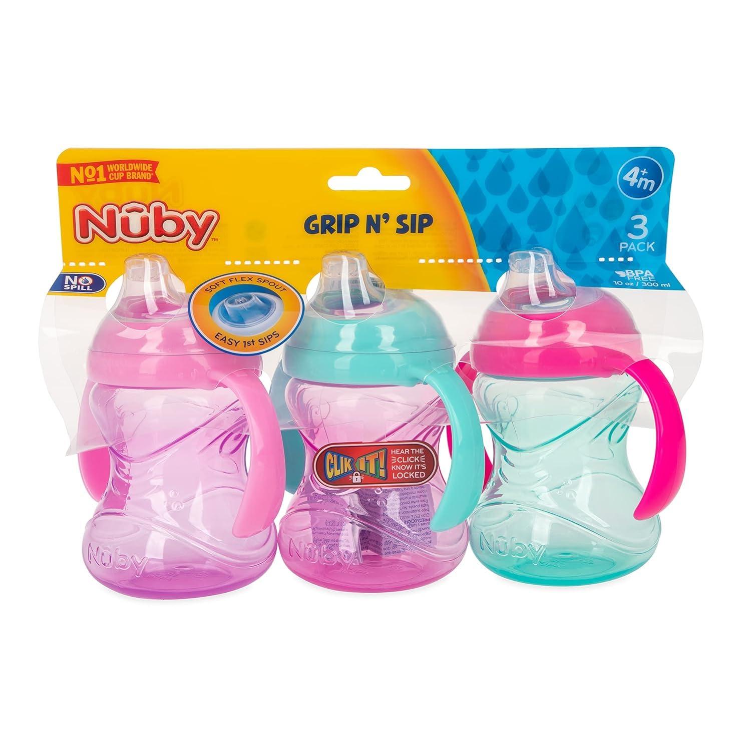 imageNuby ClikIt Grip N Sip Soft Spout NoSpill Training Sippy Cup with Handles 3Pack 10 oz 4 Months BlueGreenRedPink Purple Aqua
