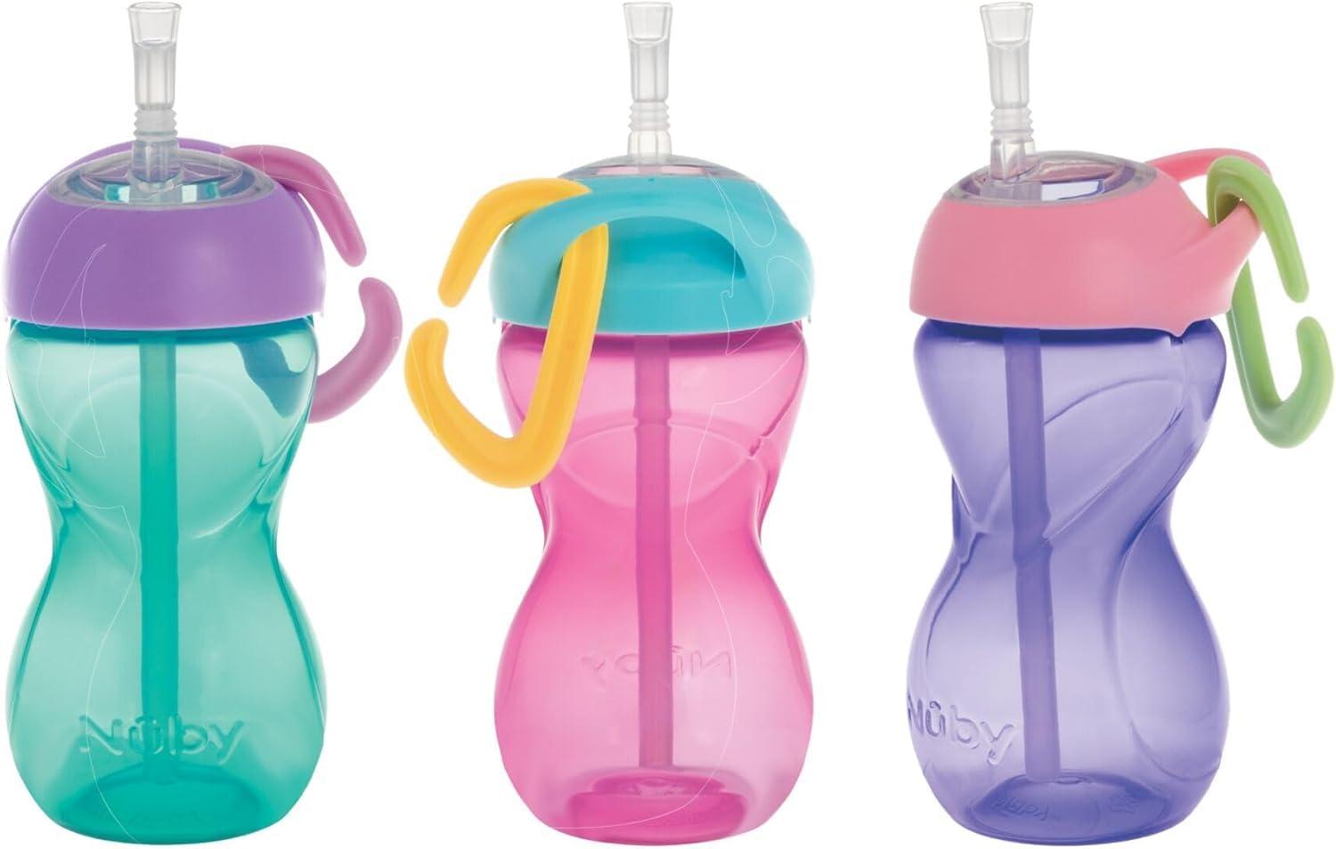 imageNuby NoSpill ClikIt Soft Spout Sippy Cup with Carabiner Clip 3Pack 10 oz Baby Sippy Cup for 6 Month Old with Easy Grip AquaPinkPurplePink Purple Aqua