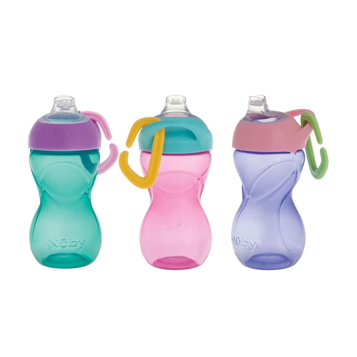 imageNuby NoSpill ClikIt Soft Spout Sippy Cup with Carabiner Clip 3Pack 10 oz Baby Sippy Cup for 6 Month Old with Easy Grip AquaPinkPurplePink Purple Aqua