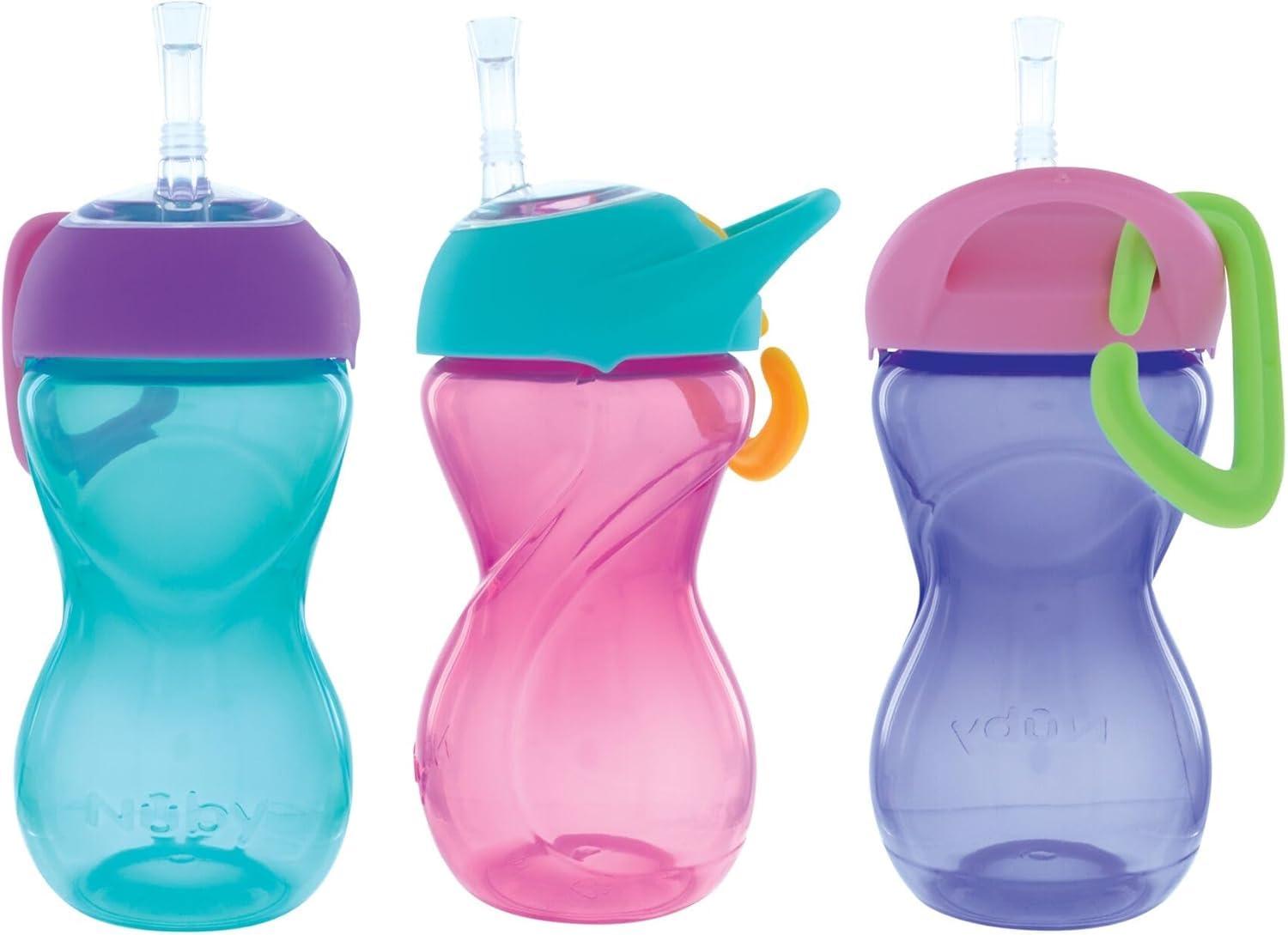 imageNuby NoSpill ClikIt Soft Spout Sippy Cup with Carabiner Clip 3Pack 10 oz Baby Sippy Cup for 6 Month Old with Easy Grip AquaPinkPurplePink Purple Aqua