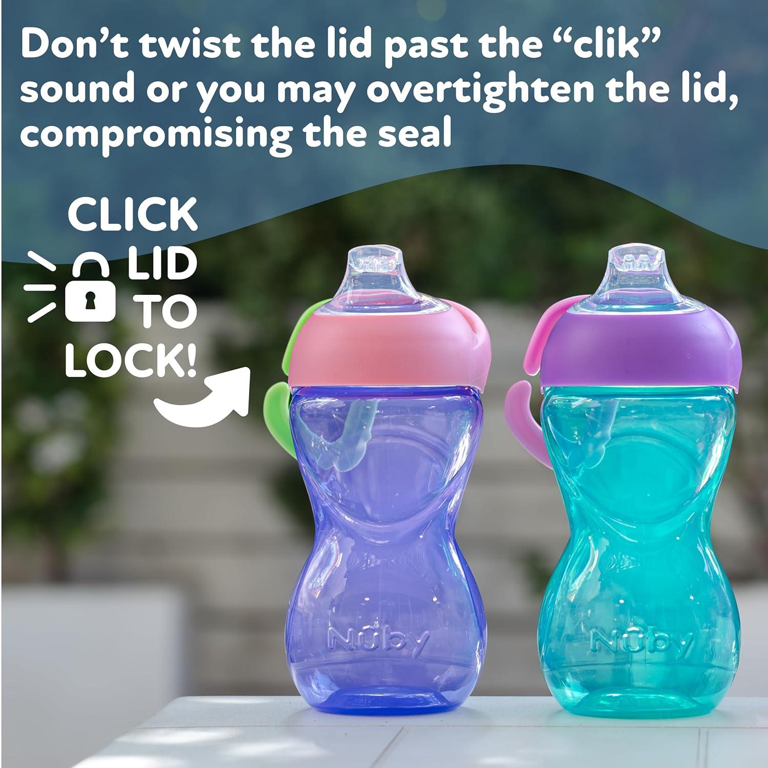 imageNuby NoSpill ClikIt Soft Spout Sippy Cup with Carabiner Clip 3Pack 10 oz Baby Sippy Cup for 6 Month Old with Easy Grip AquaPinkPurplePink Purple Aqua