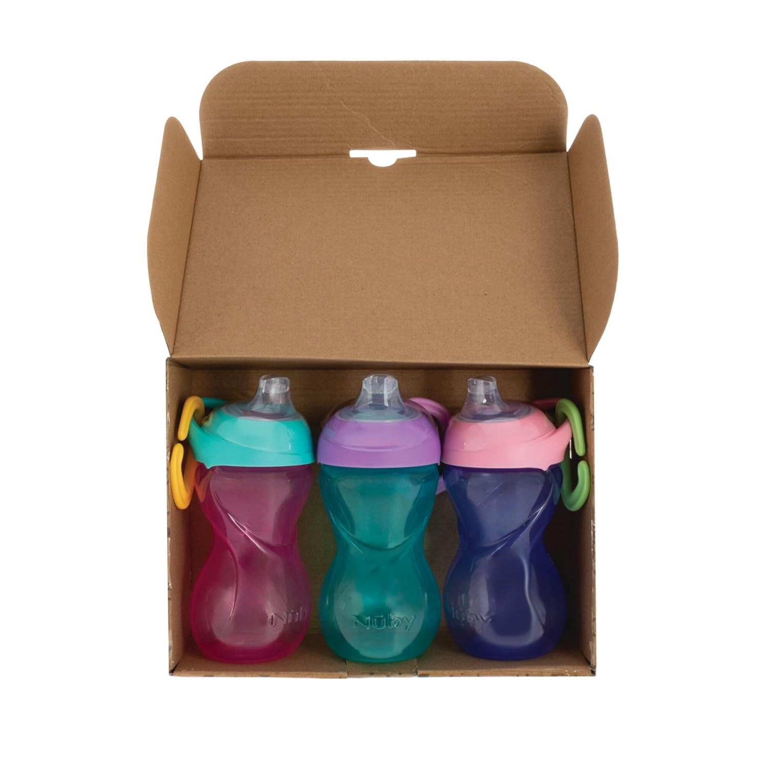 imageNuby NoSpill ClikIt Soft Spout Sippy Cup with Carabiner Clip 3Pack 10 oz Baby Sippy Cup for 6 Month Old with Easy Grip AquaPinkPurplePink Purple Aqua