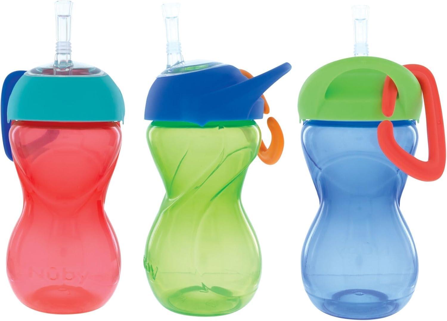 imageNuby NoSpill ClikIt Soft Spout Sippy Cup with Carabiner Clip 3Pack 10 oz Baby Sippy Cup for 6 Month Old with Easy Grip AquaPinkPurpleRed Green Blue