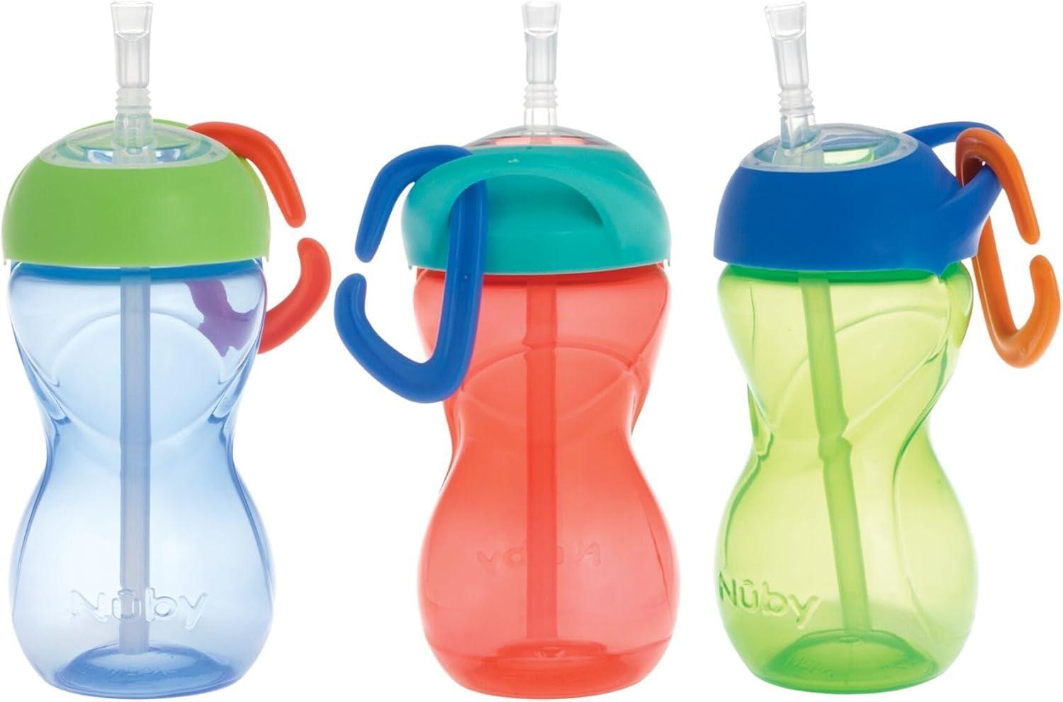 imageNuby NoSpill ClikIt Soft Spout Sippy Cup with Carabiner Clip 3Pack 10 oz Baby Sippy Cup for 6 Month Old with Easy Grip AquaPinkPurpleRed Green Blue