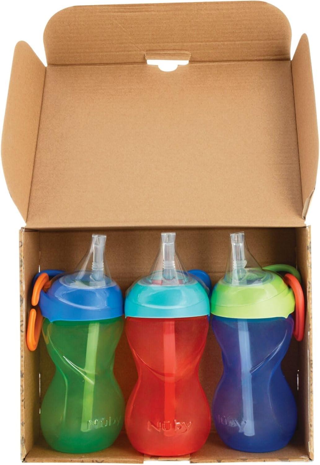 imageNuby NoSpill ClikIt Soft Spout Sippy Cup with Carabiner Clip 3Pack 10 oz Baby Sippy Cup for 6 Month Old with Easy Grip AquaPinkPurpleRed Green Blue