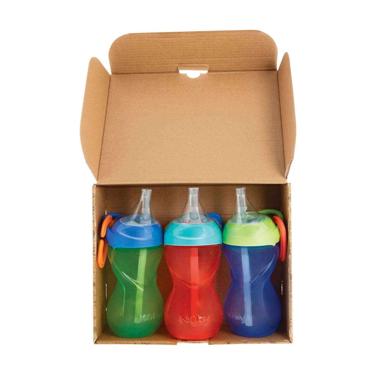 imageNuby NoSpill ClikIt Soft Spout Sippy Cup with Carabiner Clip 3Pack 10 oz Baby Sippy Cup for 6 Month Old with Easy Grip AquaPinkPurpleRed Green Blue
