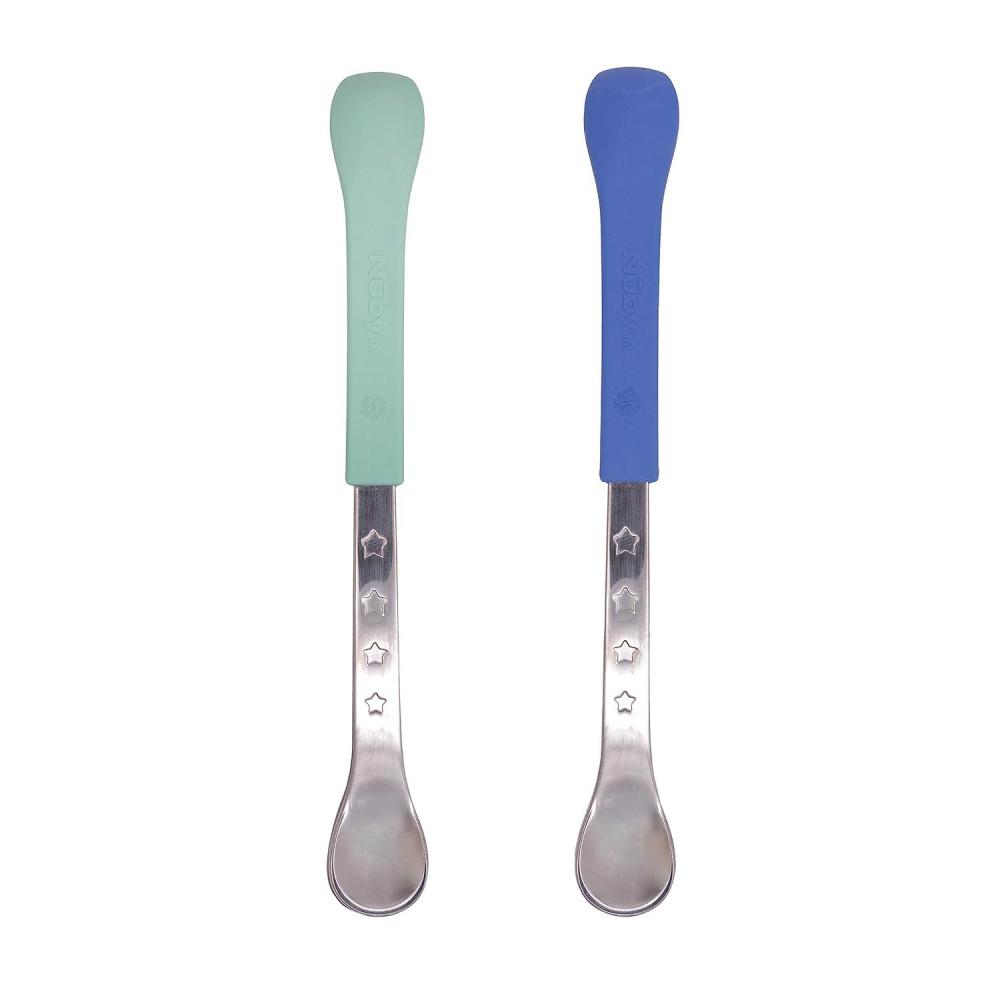 imageNuby 2in1 Hot Safe Feeding Spoons  2Pack Spoons for Babies 6 Months  Blue and AquaRegular