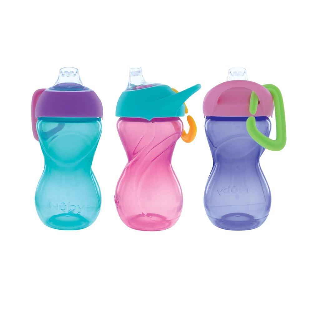 imageNuby NoSpill ClikIt Soft Spout Sippy Cup with Carabiner Clip 3Pack 10 oz Baby Sippy Cup for 6 Month Old with Easy Grip AquaPinkPurplePink Purple Aqua