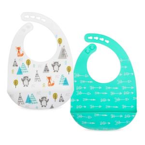 Nuby 2 Pack Adjustable Easy Clean Soft Silicone Bibs with Scoop, Triangles & Dinosaurs(Arrows & Bears/Foxes)