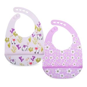 Nuby 2 Pack Adjustable Easy Clean Soft Silicone Bibs with Scoop, Triangles & Dinosaurs(Flowers & Llama)