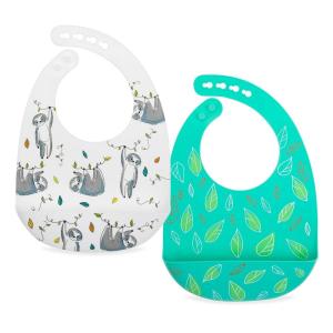 Nuby 2 Pack Adjustable Easy Clean Soft Silicone Bibs with Scoop, Triangles & Dinosaurs(Leaves & Sloth)