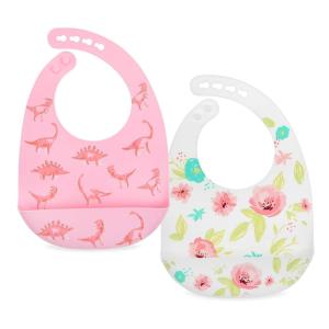 Nuby 2 Pack Adjustable Easy Clean Soft Silicone Bibs with Scoop, Triangles & Dinosaurs(Pink Dinosaurs & Flowers)