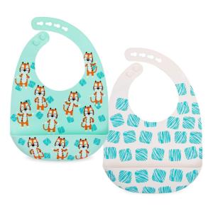 Nuby 2 Pack Adjustable Easy Clean Soft Silicone Bibs with Scoop, Triangles & Dinosaurs(Tigers & Squares)