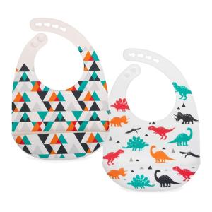 Nuby 2 Pack Adjustable Easy Clean Soft Silicone Bibs with Scoop, Triangles & Dinosaurs(Triangles & Dinosaurs)