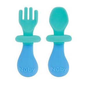 Nuby First Fork and Spoon Set – Utensils with Safety Guards for Babies 6+ Months – Purple and Pink(Green & Blue)