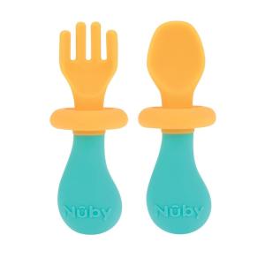 Nuby First Fork and Spoon Set – Utensils with Safety Guards for Babies 6+ Months – Purple and Pink(Orange & Aqua)