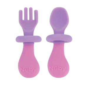Nuby First Fork and Spoon Set – Utensils with Safety Guards for Babies 6+ Months – Purple and Pink(Pink & Purple)