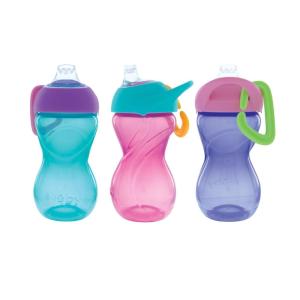 Nuby No-Spill Clik-It Soft Spout Sippy Cup with Carabiner Clip – (3-Pack) 10 oz – Baby Sippy Cup for 6+ Month Old with Easy Grip – Aqua/Pink/Purple(Pink  Purple & Aqua)