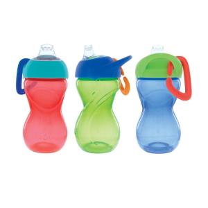 Nuby No-Spill Clik-It Soft Spout Sippy Cup with Carabiner Clip – (3-Pack) 10 oz – Baby Sippy Cup for 6+ Month Old with Easy Grip – Aqua/Pink/Purple(Red  Green & Blue)