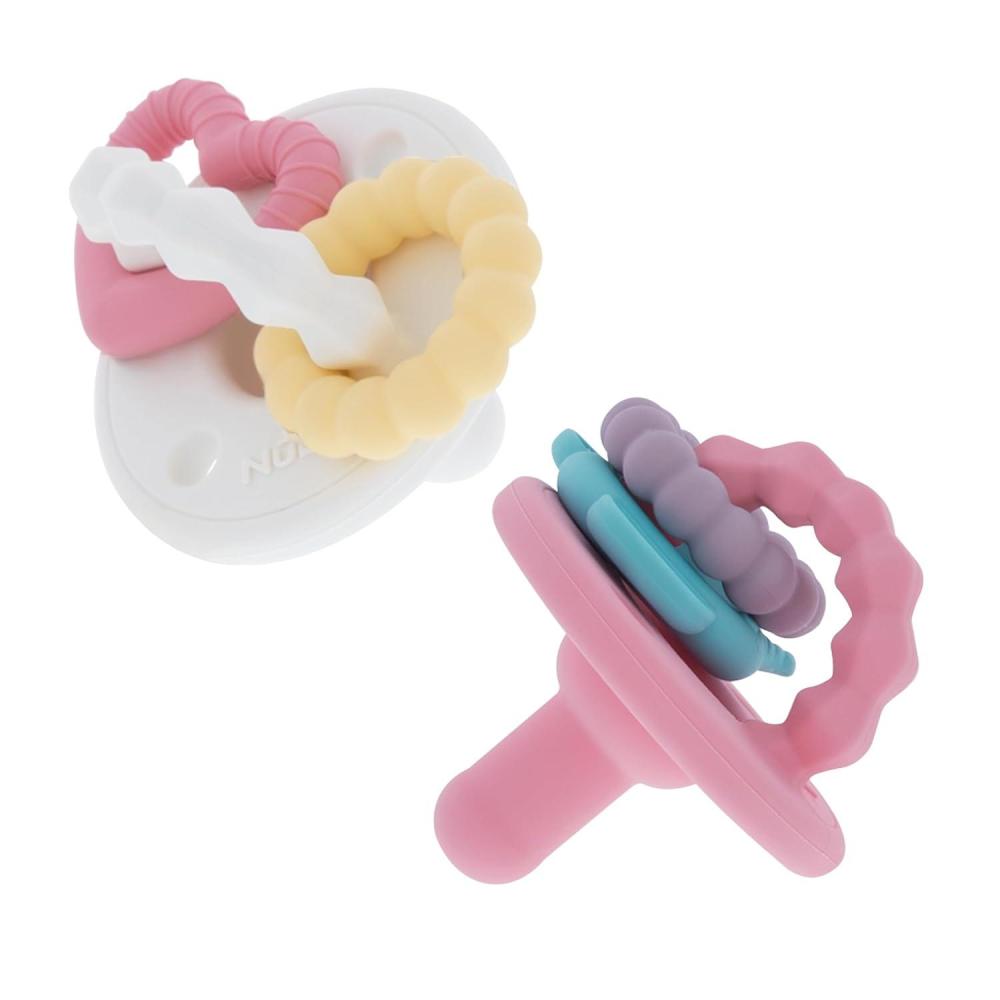 image:imageNuby Charms Silicone Infant Pacifier and Teether Toy  2 Pack  0 Months  White and Pink