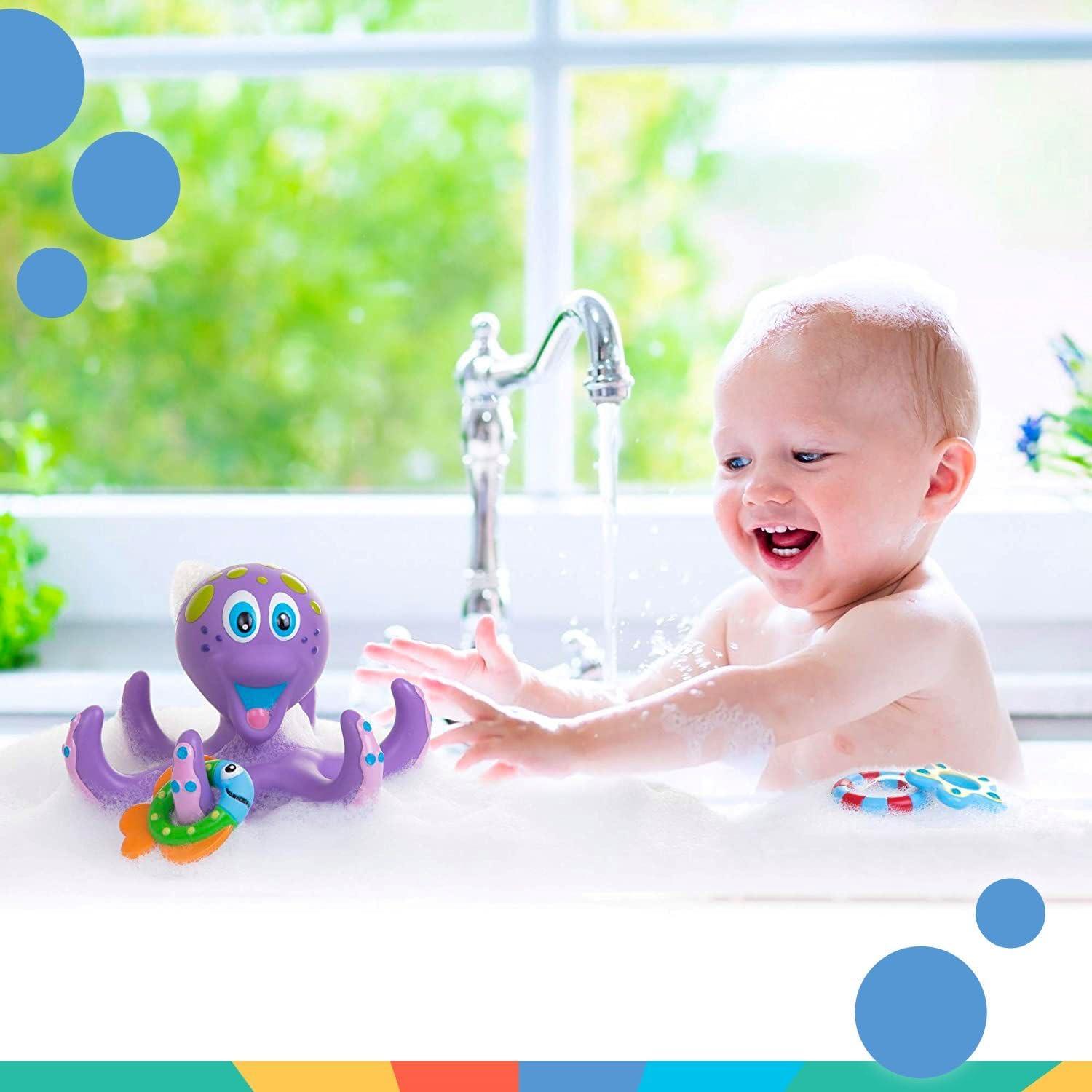 image:imageNuby Vehicle Bath Toys 5Pack Soft Stackable Toddler Bath Toys NoHole Design for Easy Cleaning 6 Months Bulldozer Excavator Dump Truck Ambulance and Fire TruckFloating Octopus with Hoopla Rings