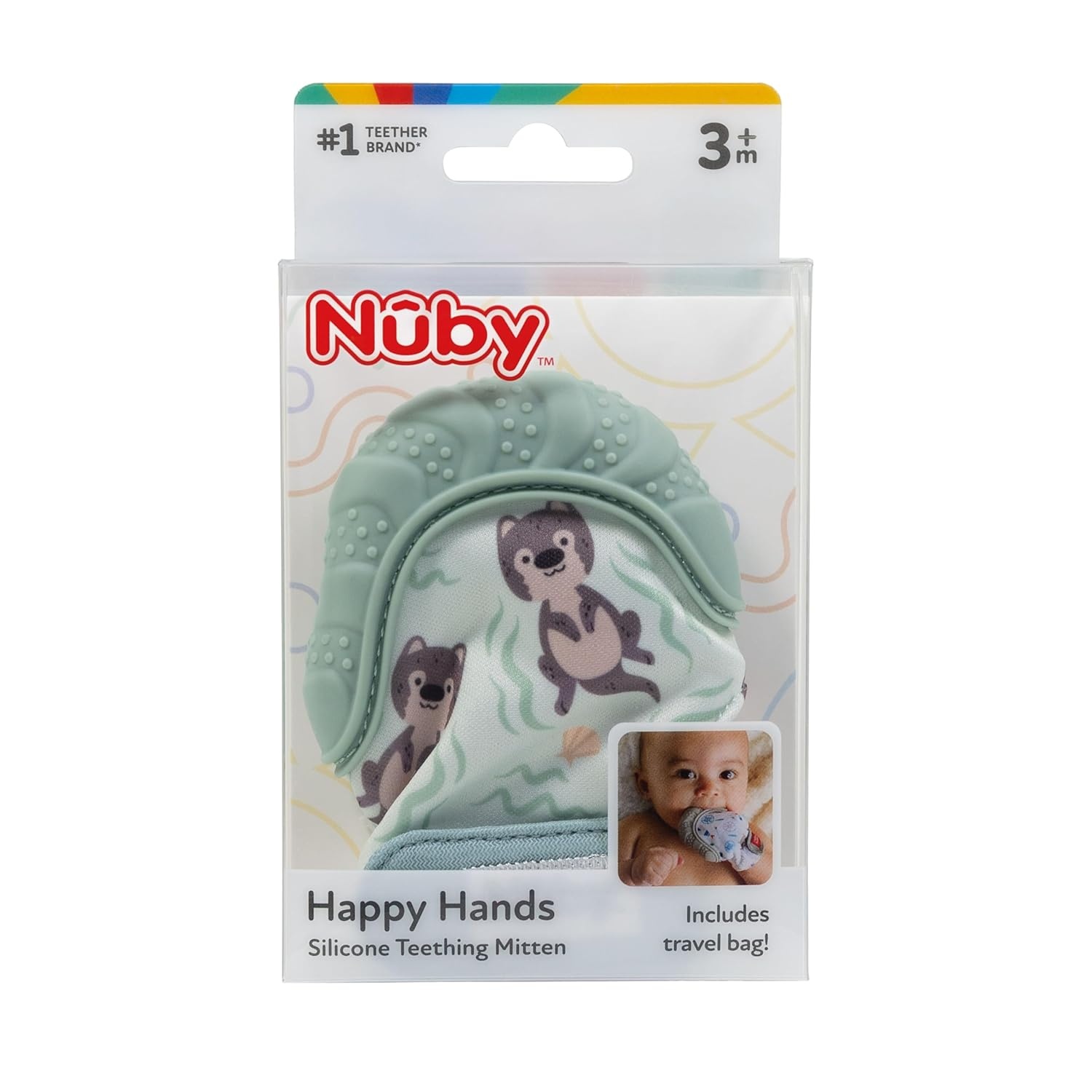 image:imageNuby Happy Hands Silicone Teething Mitten for Babies Soft Silicone Massaging Teether Soothes Sore Gums EasytoWear and Machine Washable 3 Months UnicornGreen Otter