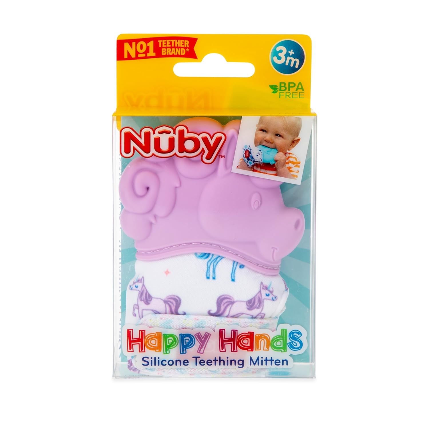 image:imageNuby Happy Hands Silicone Teething Mitten for Babies Soft Silicone Massaging Teether Soothes Sore Gums EasytoWear and Machine Washable 3 Months UnicornPurple Unicorn