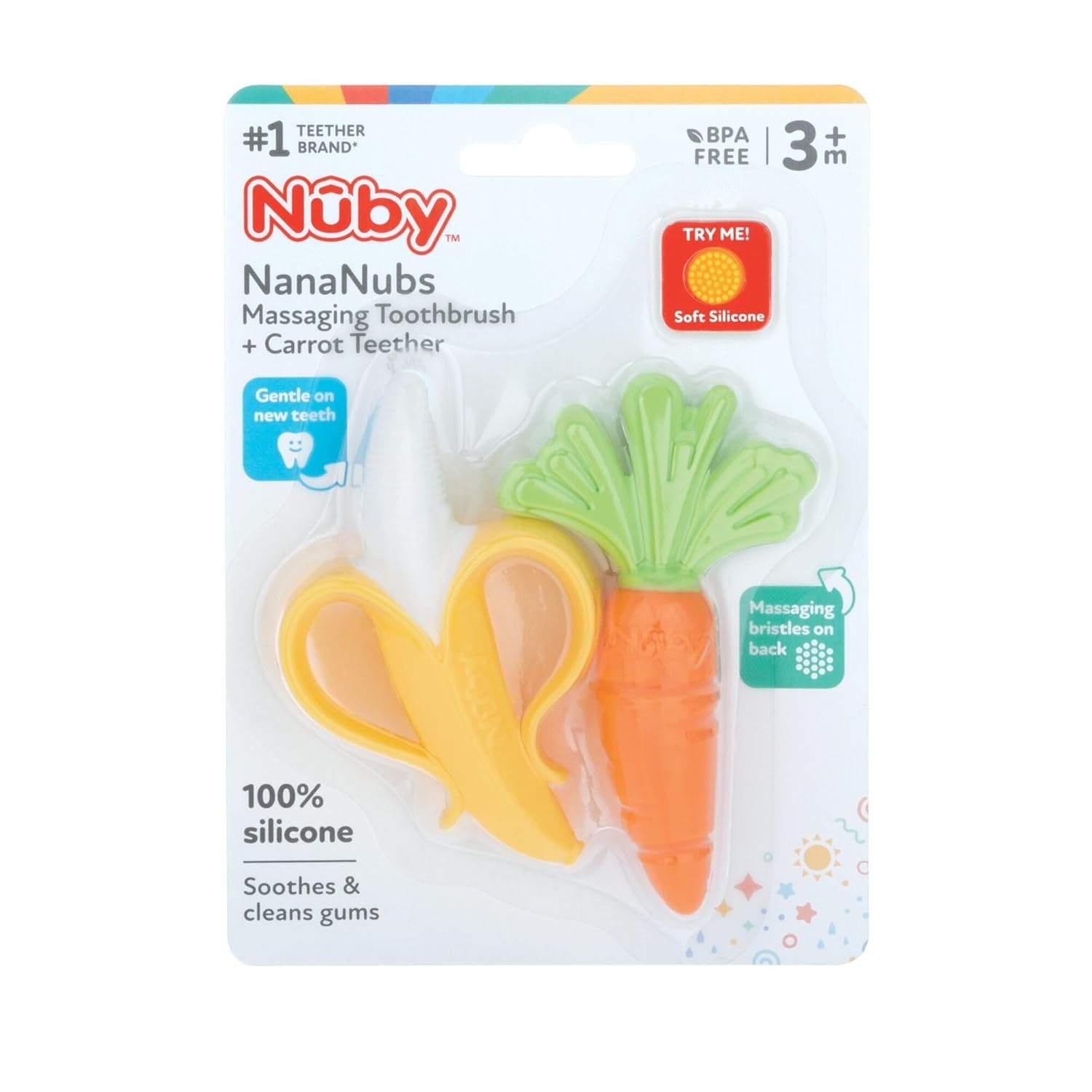 image:imageNuby NanaNubs Banana Massaging Toothbrush and Carrot Teether 2 Pack Baby Teething Toys for 3 MonthsNanaNubs Carrot Massaging Teether
