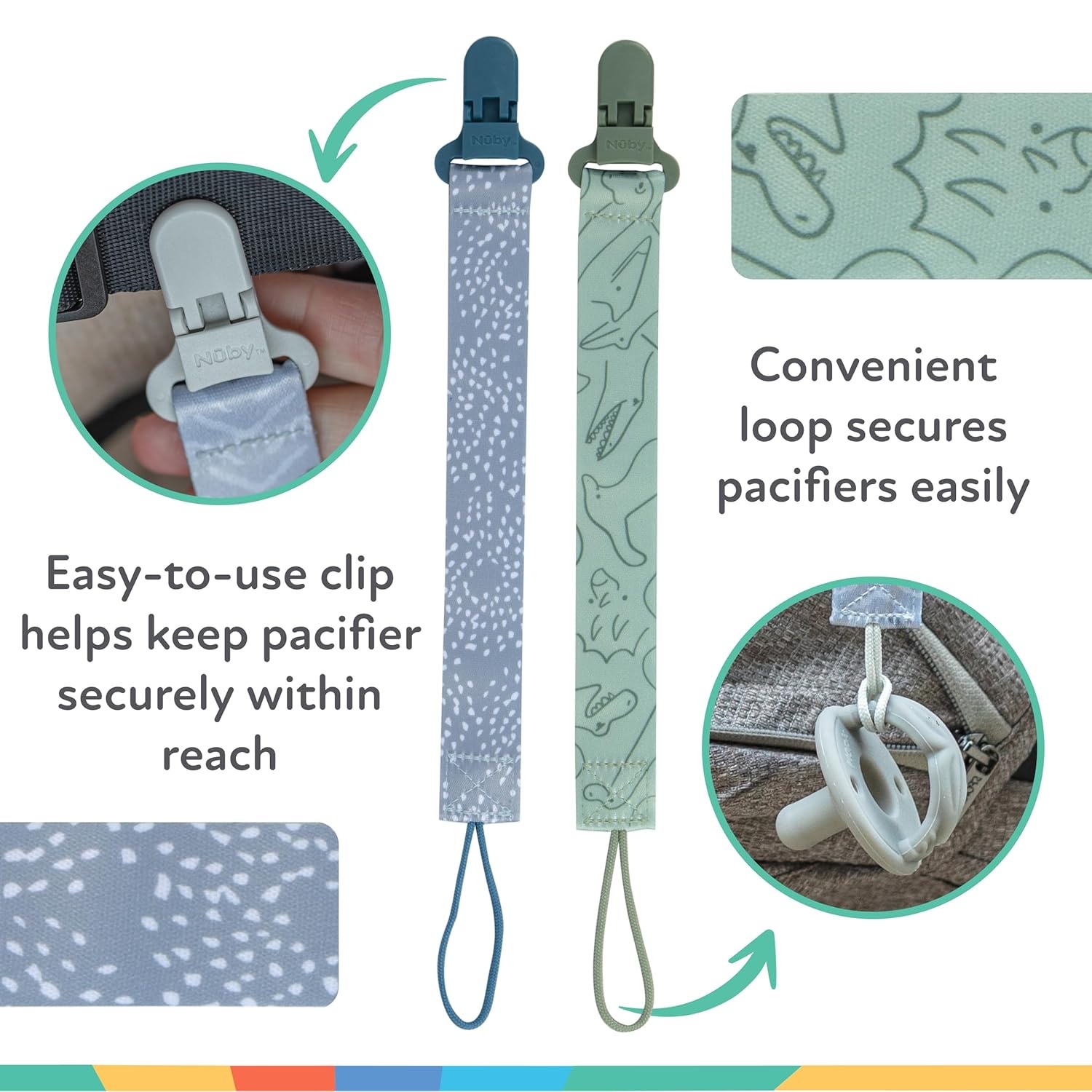 image:imageNuby Pacifinder Baby Pacifier Clip 2Pack Pacifier Holder with Convenient Hook Loop Gray Strokes and Aqua Abstract BoysBlue Dots Green Dino