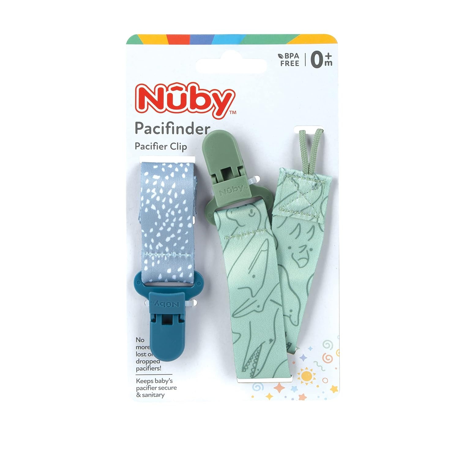 image:imageNuby Pacifinder Baby Pacifier Clip 2Pack Pacifier Holder with Convenient Hook Loop Gray Strokes and Aqua Abstract BoysBlue Dots Green Dino