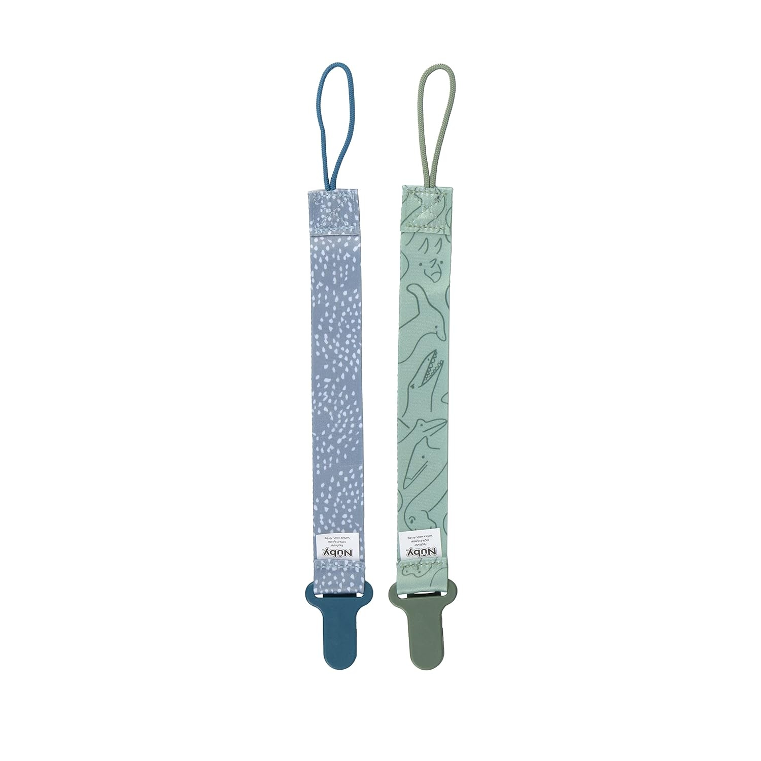 image:imageNuby Pacifinder Baby Pacifier Clip 2Pack Pacifier Holder with Convenient Hook Loop Gray Strokes and Aqua Abstract BoysBlue Dots Green Dino