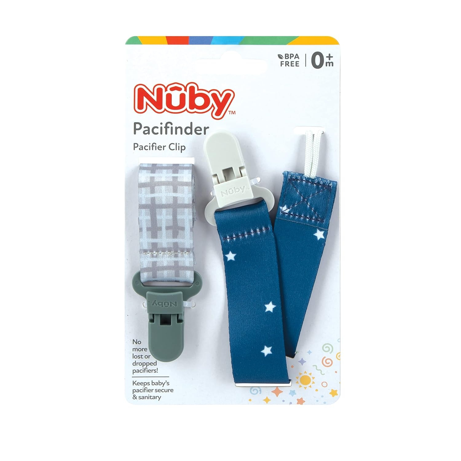 image:imageNuby Pacifinder Baby Pacifier Clip 2Pack Pacifier Holder with Convenient Hook Loop Gray Strokes and Aqua Abstract BoysGray Plaid and Blue Stars