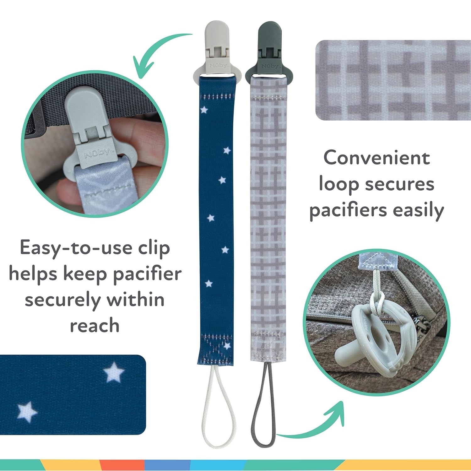 image:imageNuby Pacifinder Baby Pacifier Clip 2Pack Pacifier Holder with Convenient Hook Loop Gray Strokes and Aqua Abstract BoysGray Plaid and Blue Stars