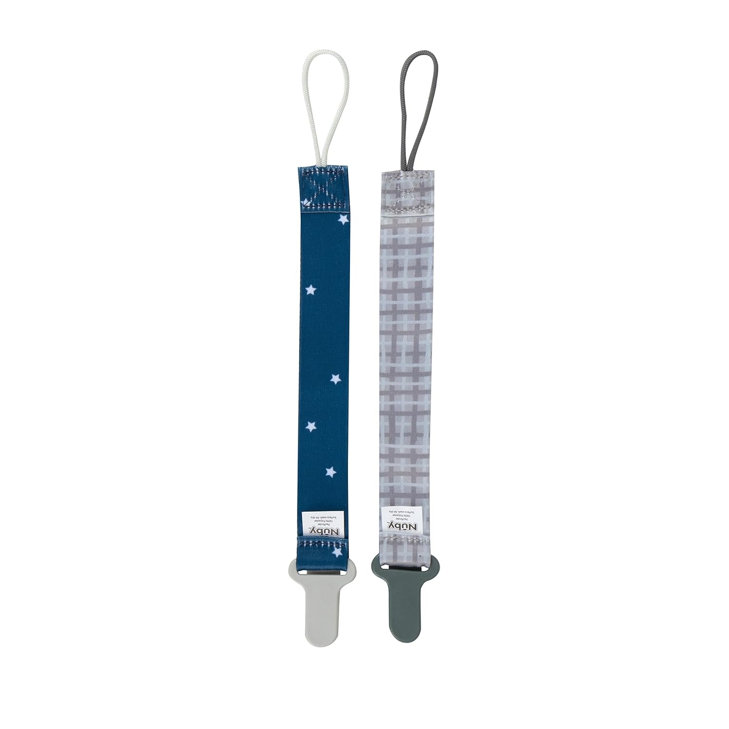 image:imageNuby Pacifinder Baby Pacifier Clip 2Pack Pacifier Holder with Convenient Hook Loop Gray Strokes and Aqua Abstract BoysGray Plaid and Blue Stars