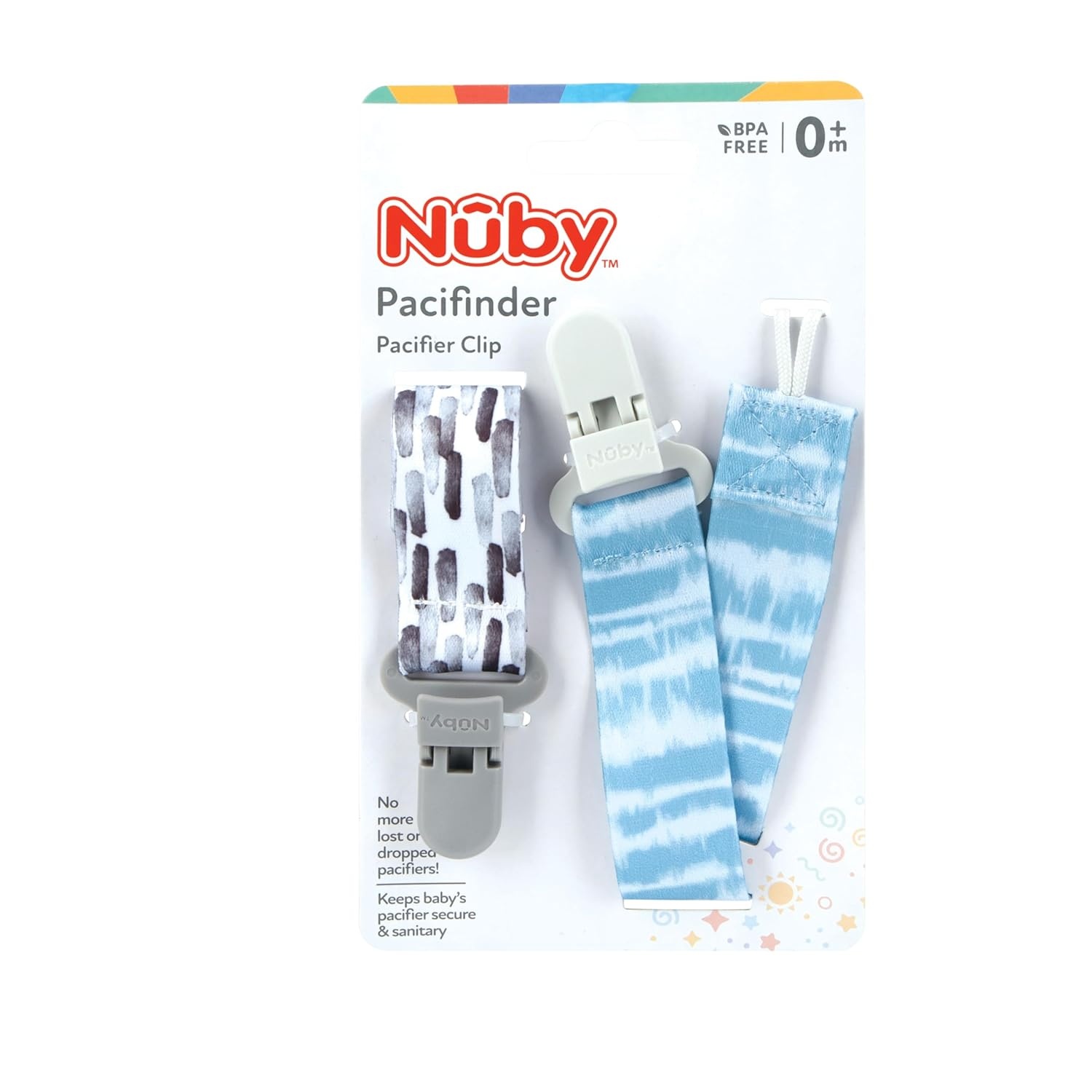 image:imageNuby Pacifinder Baby Pacifier Clip 2Pack Pacifier Holder with Convenient Hook Loop Gray Strokes and Aqua Abstract BoysGray Strokes Aqua Abstract