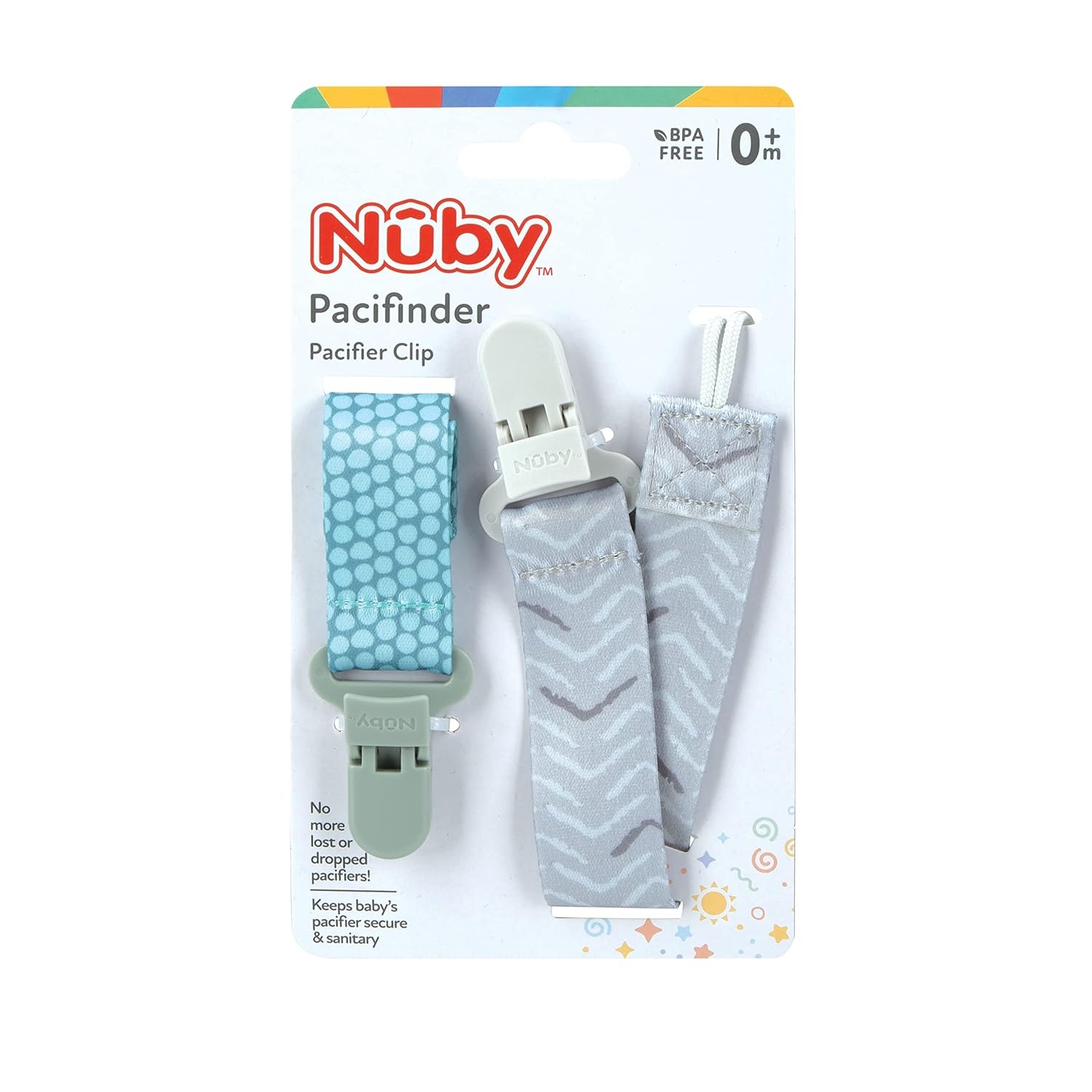 image:imageNuby Pacifinder Baby Pacifier Clip 2Pack Pacifier Holder with Convenient Hook Loop Gray Strokes and Aqua Abstract BoysGreen Dots and Gray Arrows
